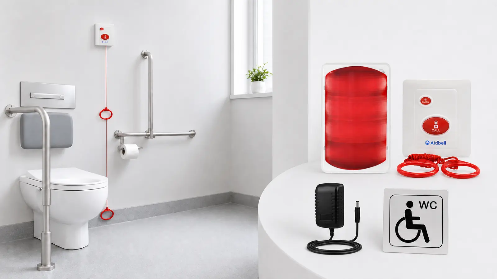 Aidbell DTA-01 wireless disabled toilet alarm kit installed in an accessible toilet