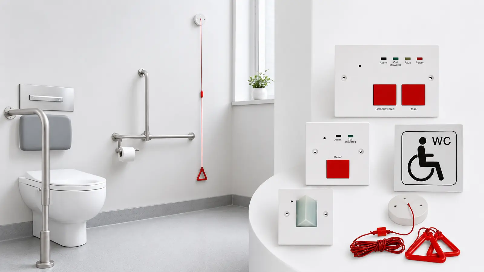 Aidbell DTA-02 wired accessible toilet alarm system installed in an accessible restroom