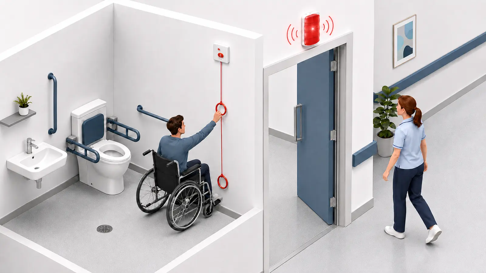 Wheelchair user activating a wireless disabled toilet alarm pull cord
