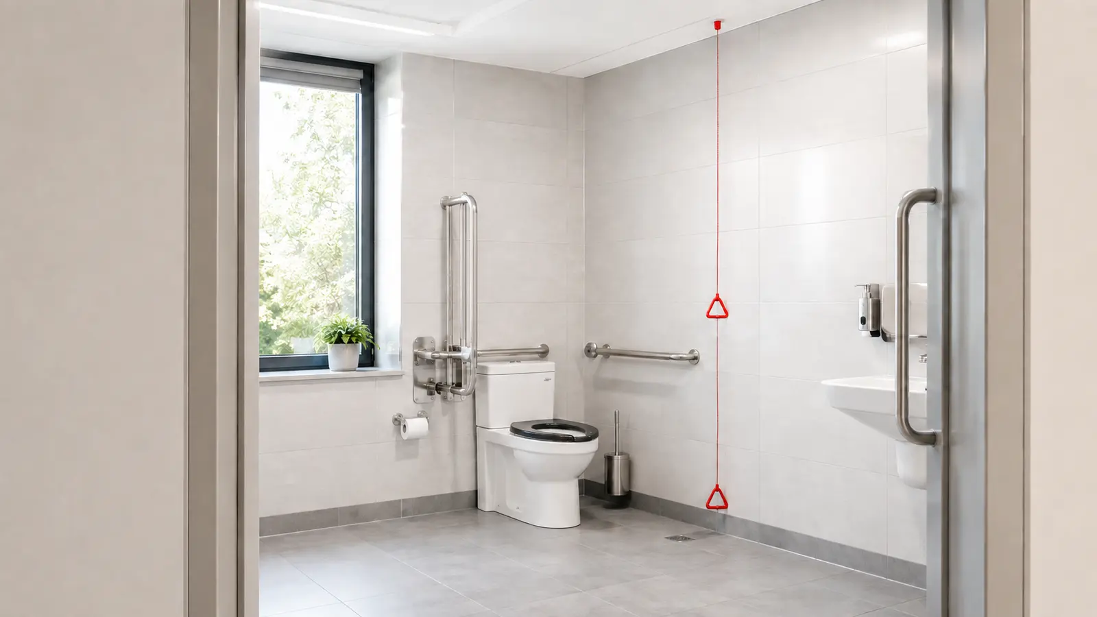 Accessible toilet emergency pull cord installed at seated and floor level